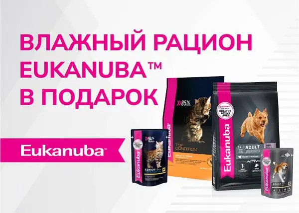 Пауч в подарок за покупку сухого корма для кошек и собак Eukanuba