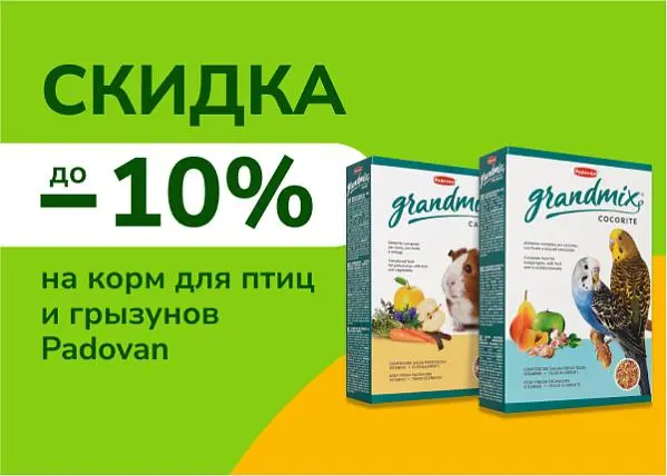 Скидка до 10% на корм для птиц и грызунов Padovan Скидка до 10% на корм для птиц и грызунов Padovan
