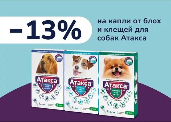 Скидка 13% на капли от блох и клещей для собак Атакса Скидка 13% на капли от блох и клещей для собак Атакса